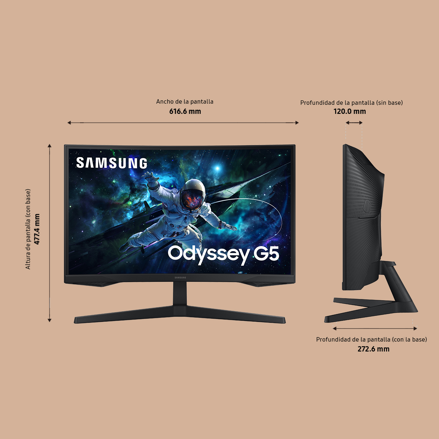 Monitor Samsung Odyssey G5 con imagen de astronauta, que muestra dimensiones y vista lateral.