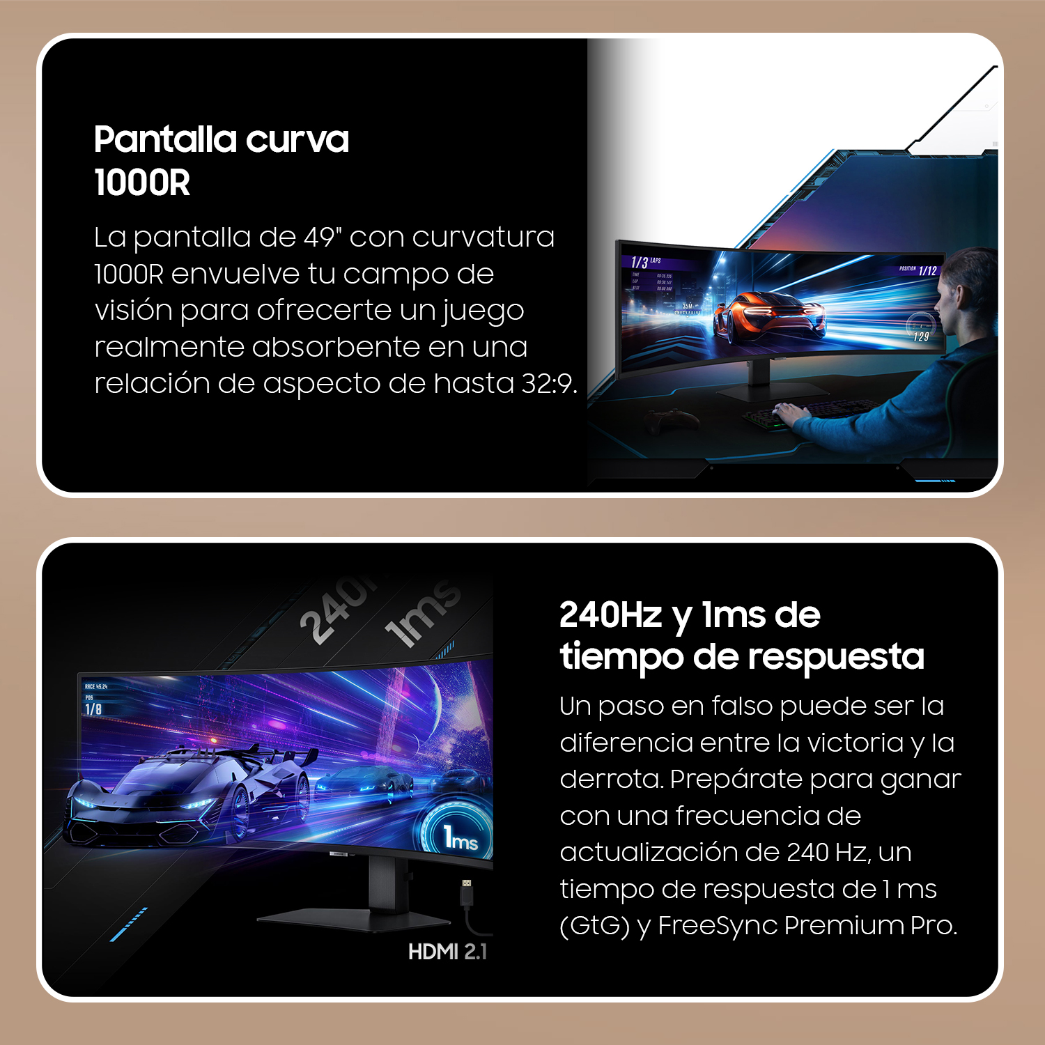 Dos monitores mostrando interfaces de juegos de carreras. Uno muestra detalles de pantalla curva. Texto en español.