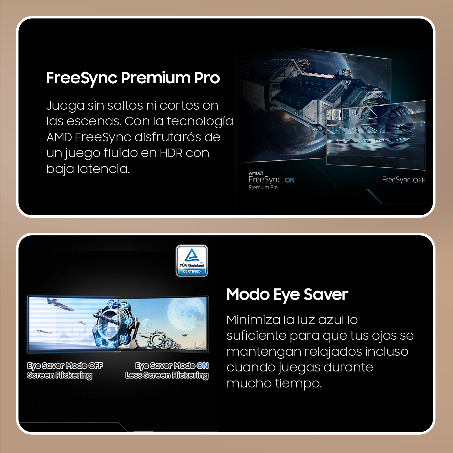 Dos imágenes. Arriba: detalles de FreeSync. Abajo: funciones del modo Eye Saver.