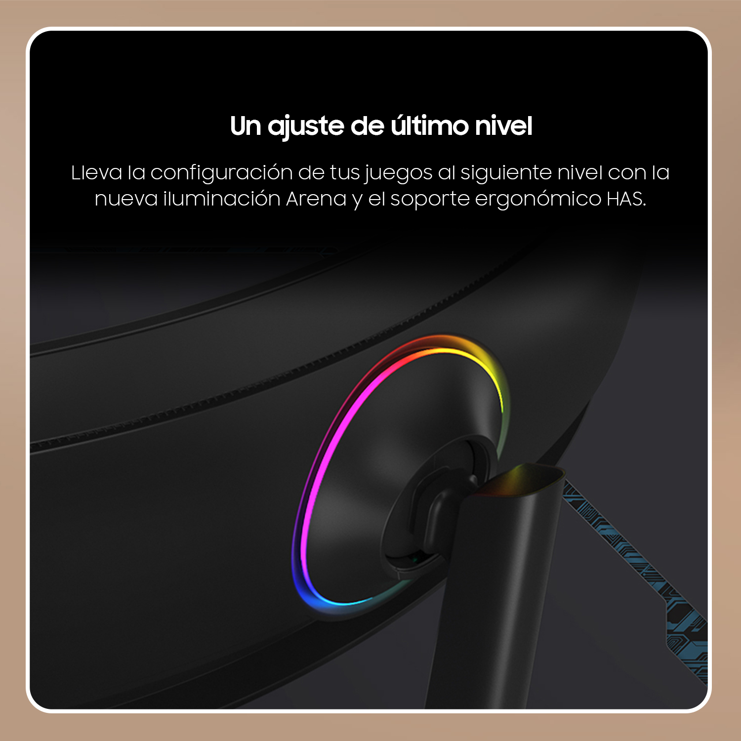 Un monitor con un anillo de luz brillante, con texto sobre cómo llevar tu configuración de juego.