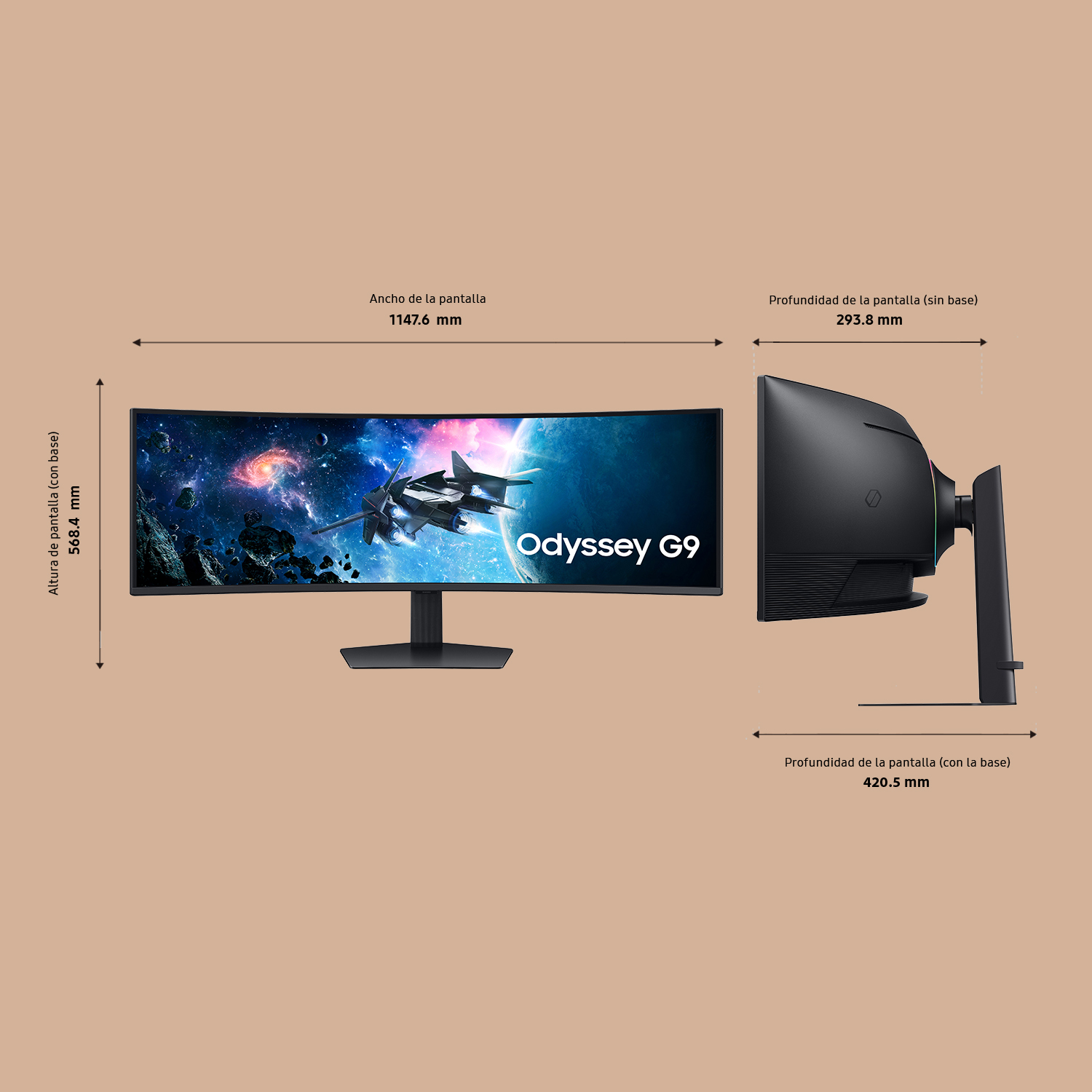 Monitor curvo con dimensiones. Pantalla negra, soporte negro, fondo beige.