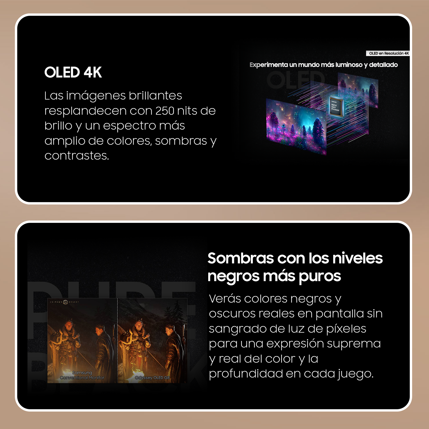 Características de la pantalla OLED 4K. Texto e imágenes que describen el color, el contraste y las sombras.