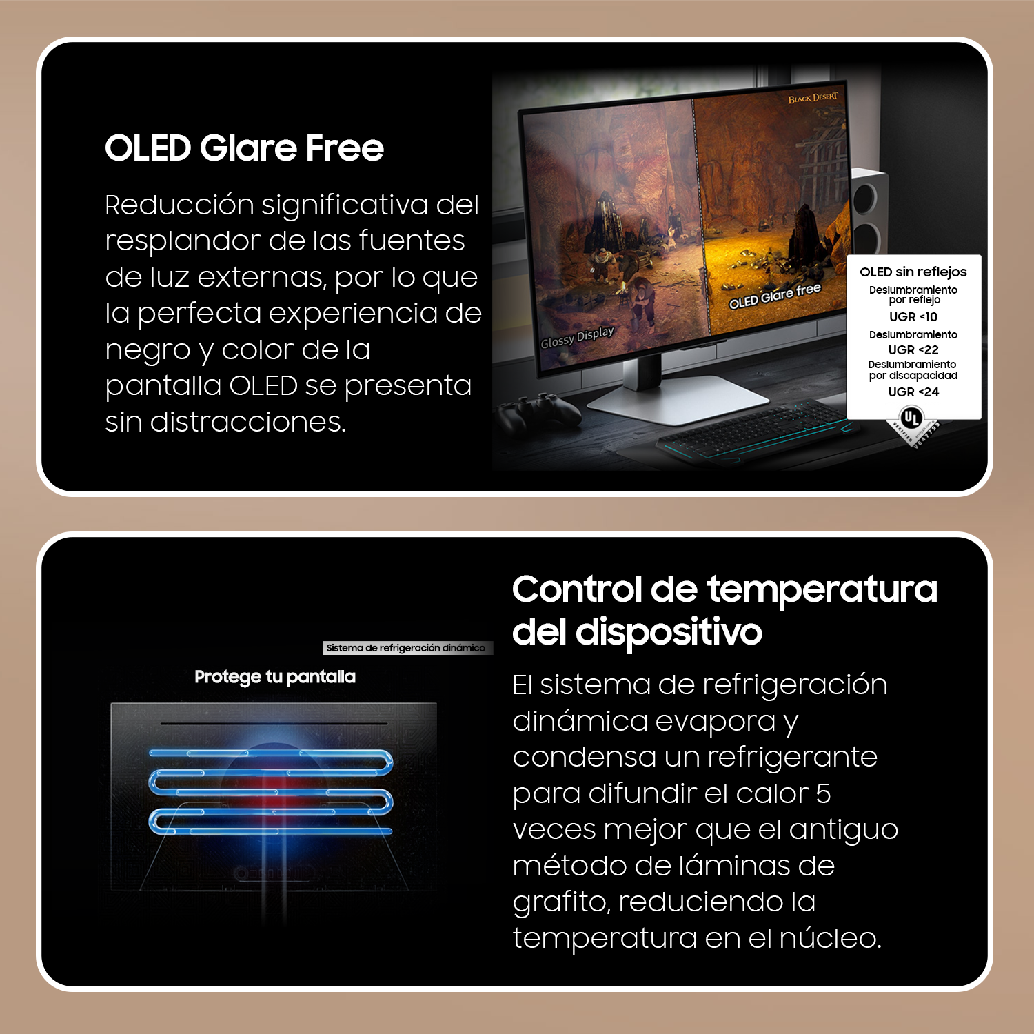 Texto que explica el brillo OLED sin reflejos y el control de temperatura del dispositivo con imágenes de un monitor y un sistema de refrigeración.