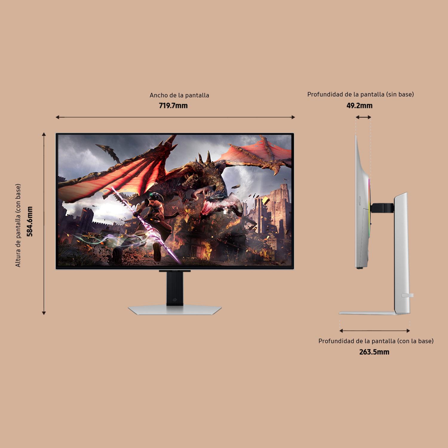 Monitor con imagen de dragón. Se muestran medidas. Soporte blanco y plateado.