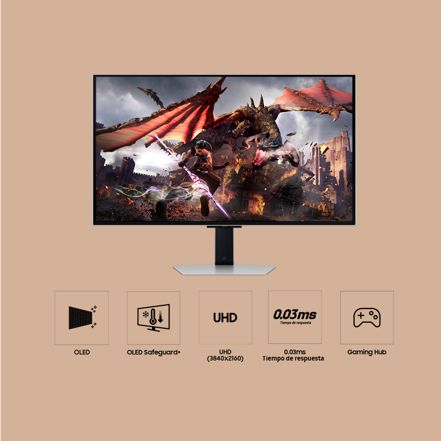 Un monitor de juegos muestra una escena de batalla de dragones, con iconos para funciones como OLED y UHD.