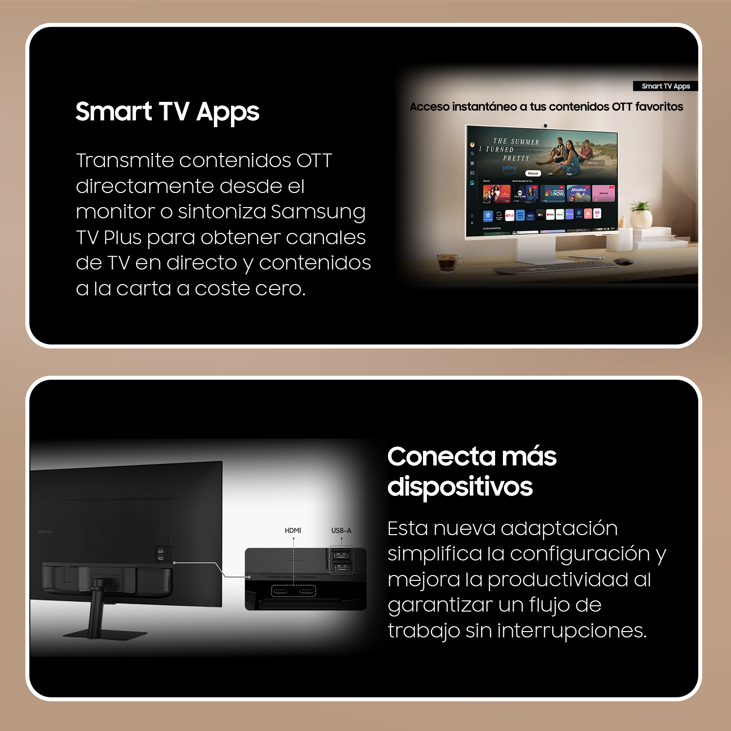 Gráfico con secciones de Smart TV Apps y Conecta más dispositivos, sobre fondo beige.