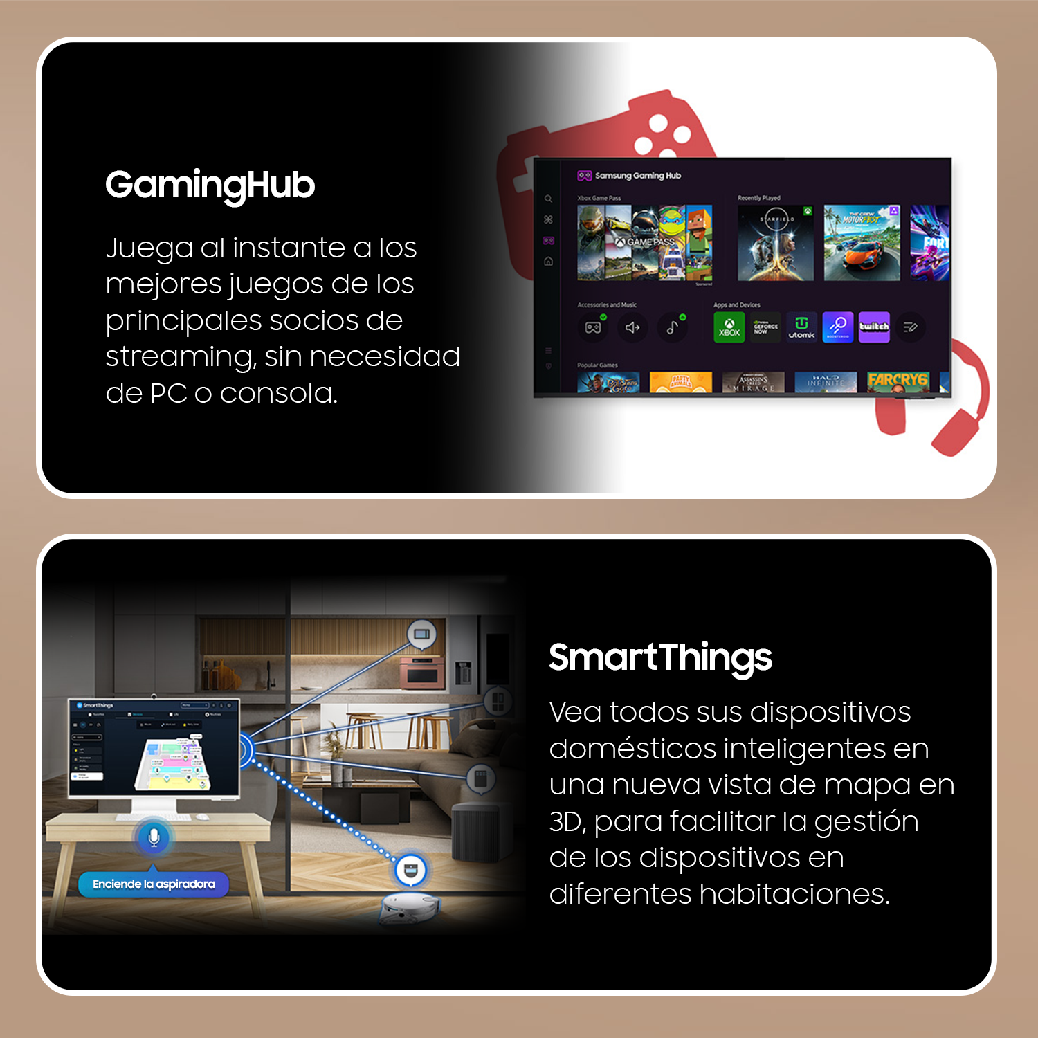 Dos paneles: Gaming Hub y SmartThings, con ilustraciones de TV y dispositivos domésticos inteligentes.