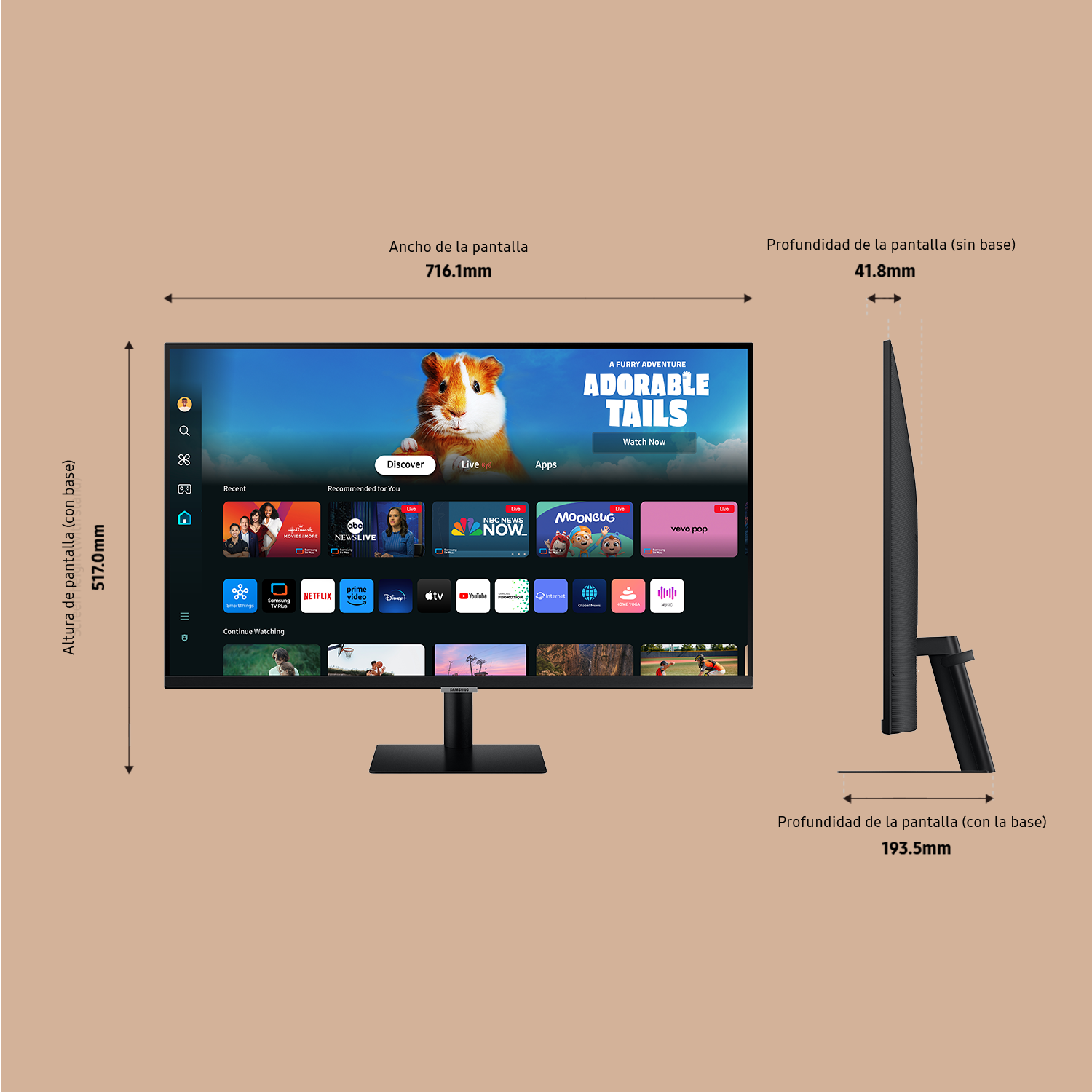 Un televisor de pantalla grande con una imagen de cobaya. Muestra medidas y texto.