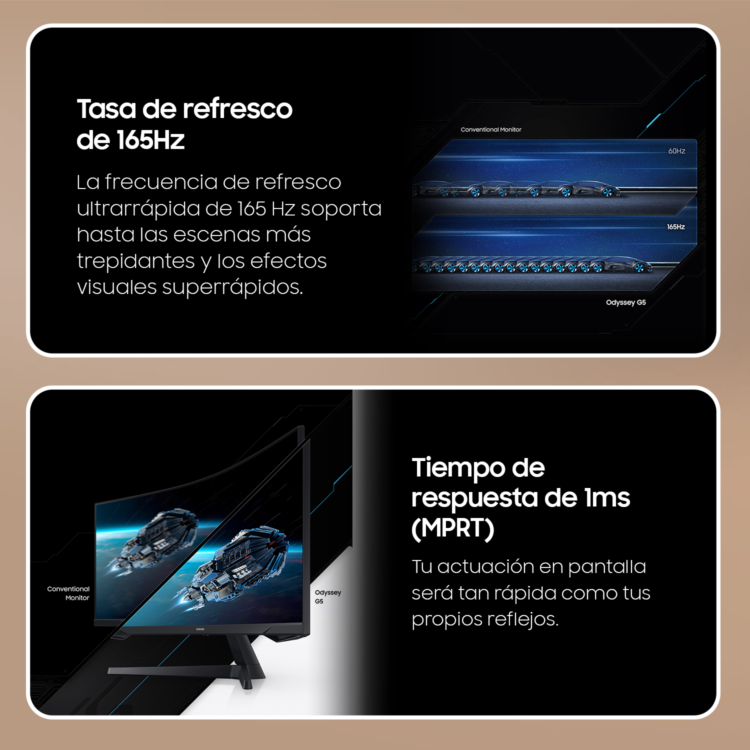 Dos imágenes. Arriba: frecuencia de actualización de 165 Hz. Abajo: tiempo de respuesta de 1 ms.