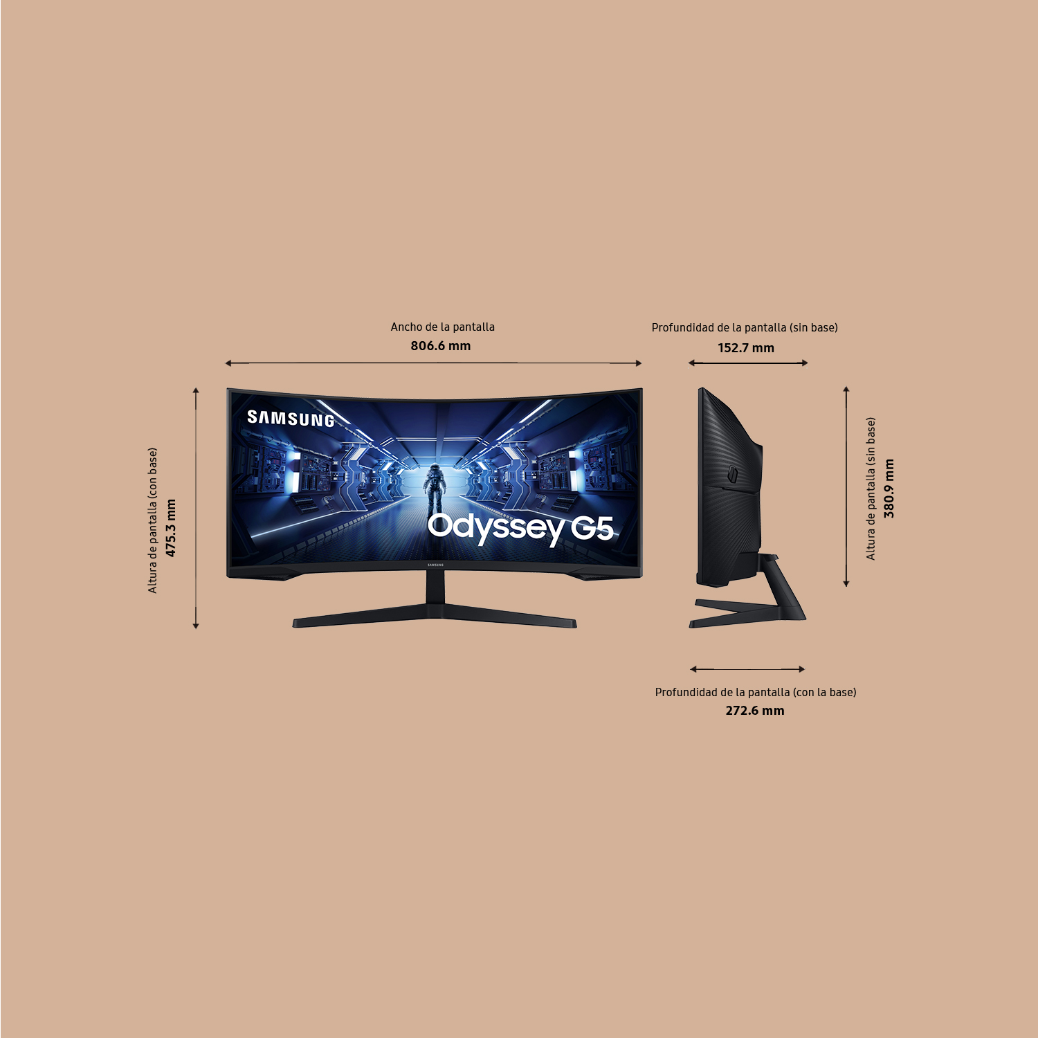 Monitor curvo con medidas y logo Samsung Odyssey G5.