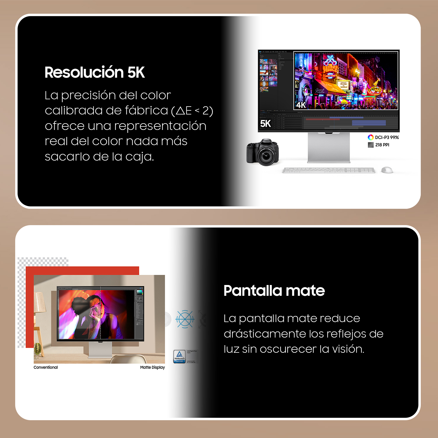 Dos imágenes que muestran la precisión del color y la pantalla mate de un monitor.