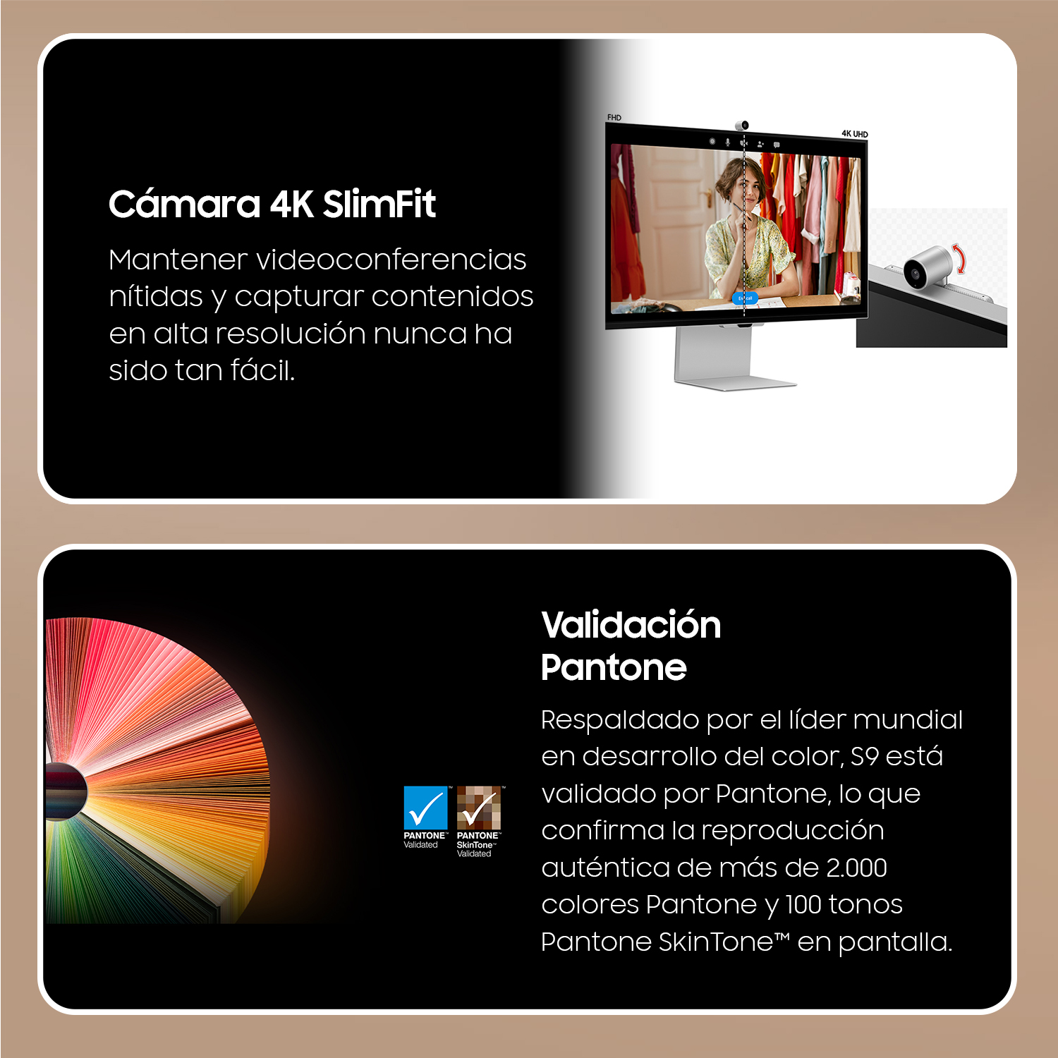 Una cámara 4K SlimFit y una tabla de validación de color, con texto en español.