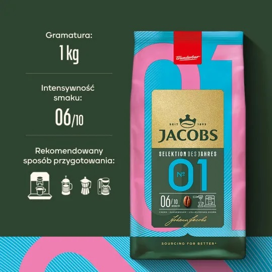 Opakowanie kawy Jacobs z kolorowym designem. Tekst w języku polskim wskazuje cechy i intensywność kawy.