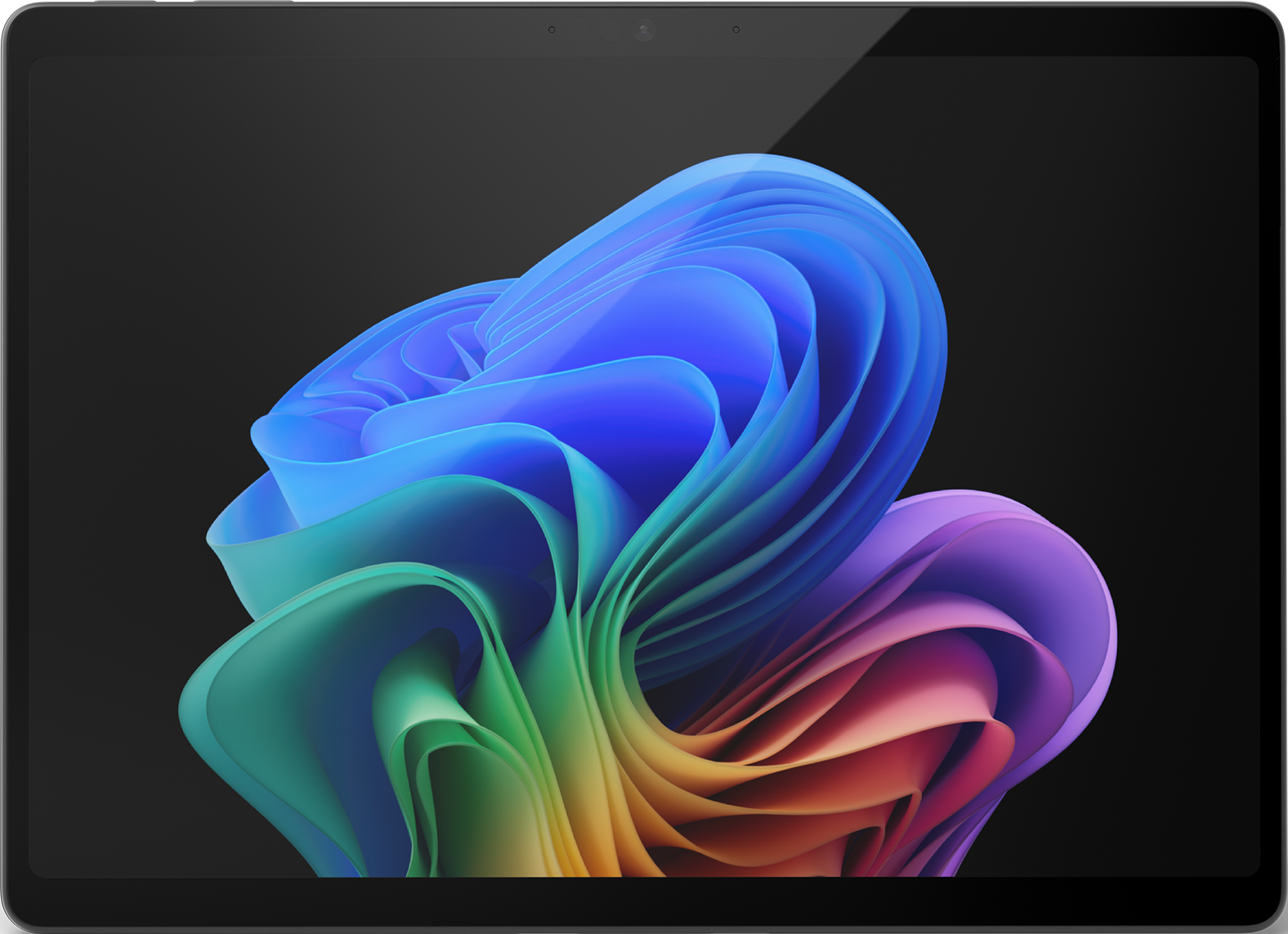 Tablet mit buntem, abstraktem Display auf schwarzem Hintergrund.