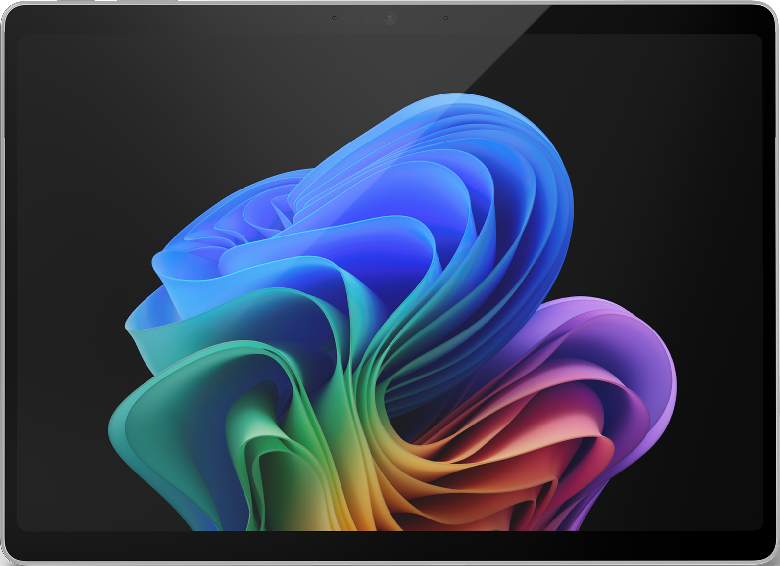 Ein Tablet, das ein farbenfrohes abstraktes Bild auf seinem Bildschirm vor schwarzem Hintergrund zeigt.