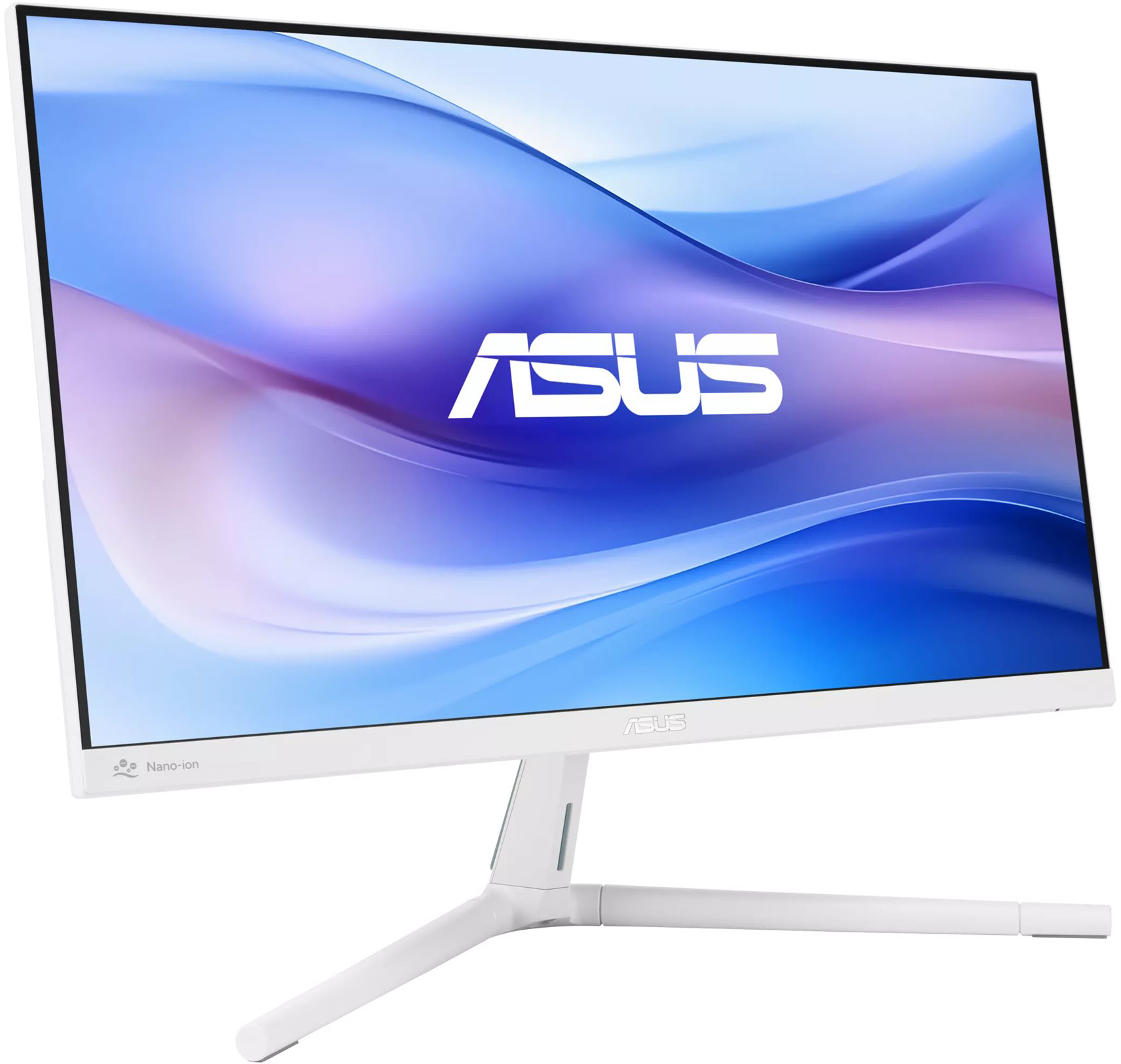 Egy fehér számítógépes monitor ívelt képernyővel. Az ASUS logója látható.