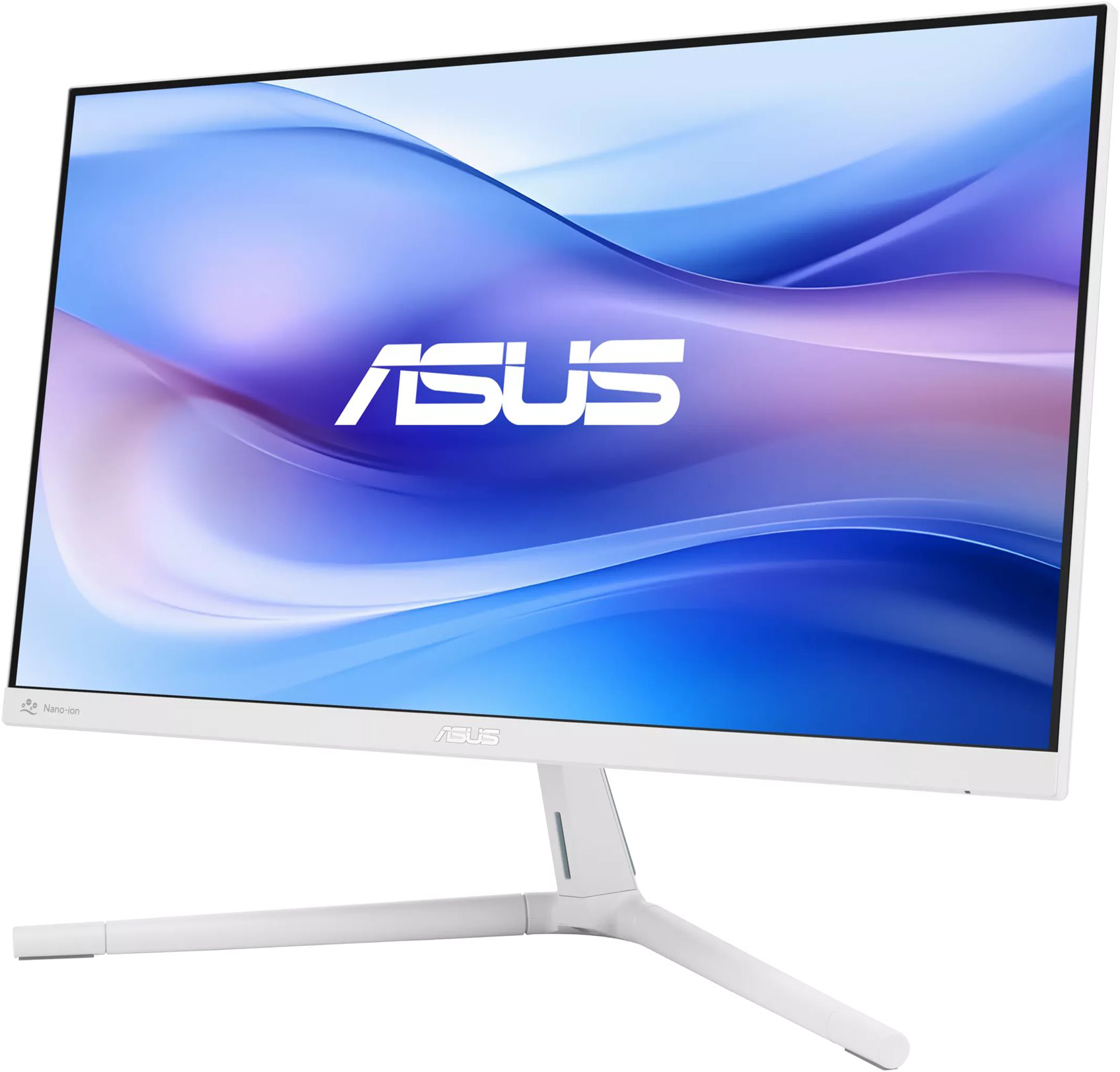 Fehér ASUS monitor. A képernyő kék és lila absztrakt dizájnt jelenít meg.