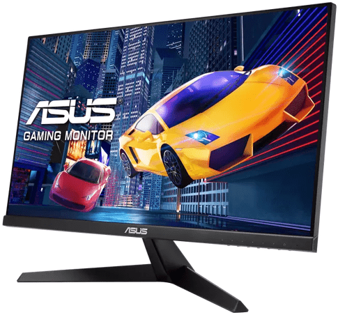 Egy számítógép monitor ASUS márkajelzéssel és egy autóverseny játékkal a képernyőn.