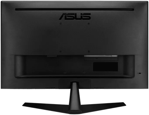 Fekete számítógép monitor hátulja ASUS logóval és állvánnyal alul.