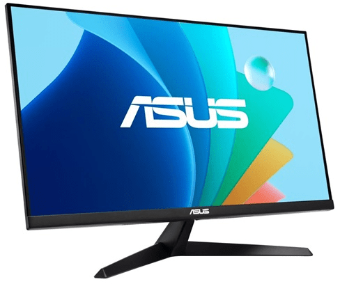 ASUS számítógép monitor fekete állvánnyal, kék-fehér dizájnnal.