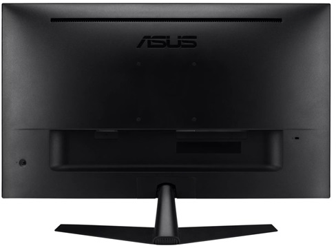 Egy fekete ASUS számítógép-monitor hátulja állvánnyal.