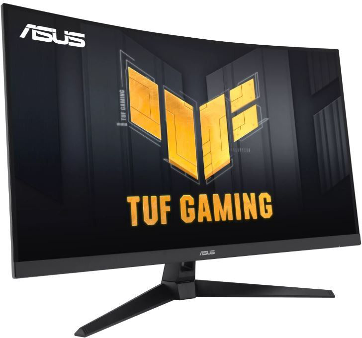 Ívelt ASUS TUF Gaming monitor, TUF Gaming logóval fekete háttéren. Fekete állvánnyal.
