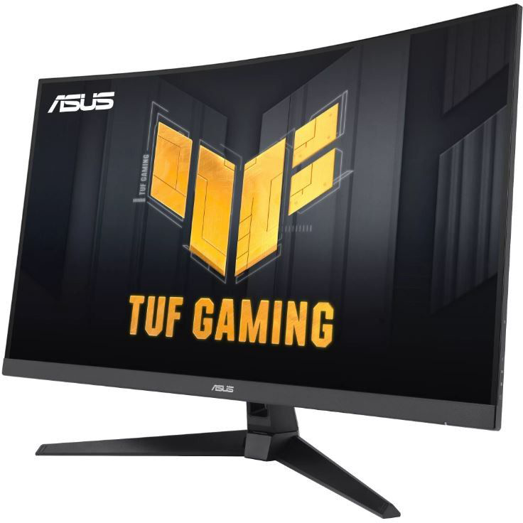 Ívelt fekete monitor ASUS logóval és a TUF GAMING logóval sárga színben. A háttér sötét.