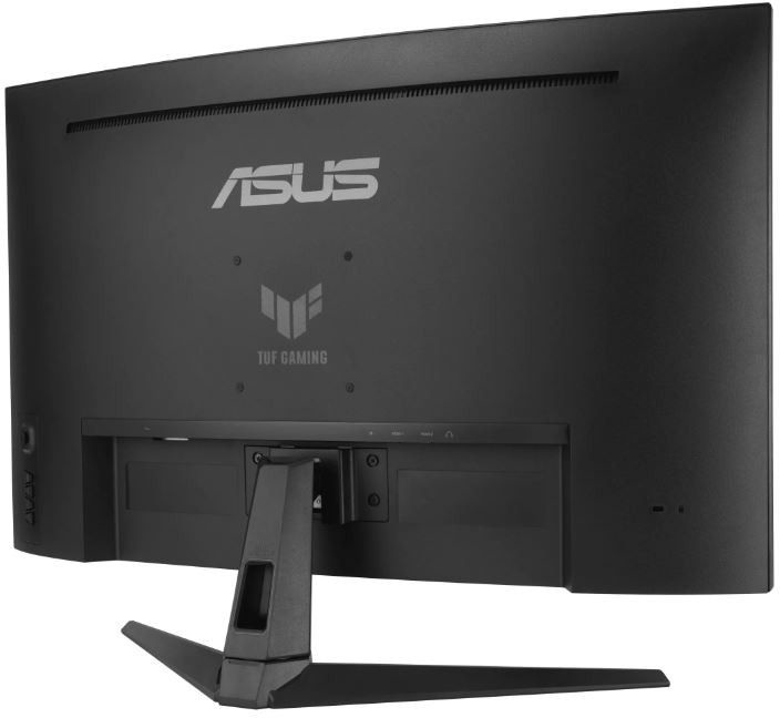 Egy fekete ASUS monitor hátulja. A tartó és a portok láthatók.