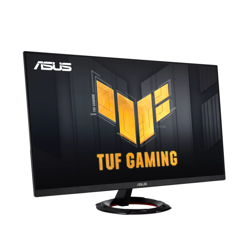 A monitor a TUF GAMING logót jeleníti meg, fekete állványon, az ASUS logóval.