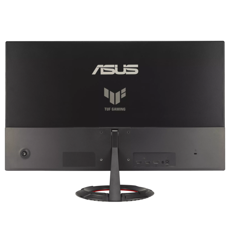 ASUS monitor hátulról, fekete, ASUS és TUF GAMING logókkal, csatlakozókkal.