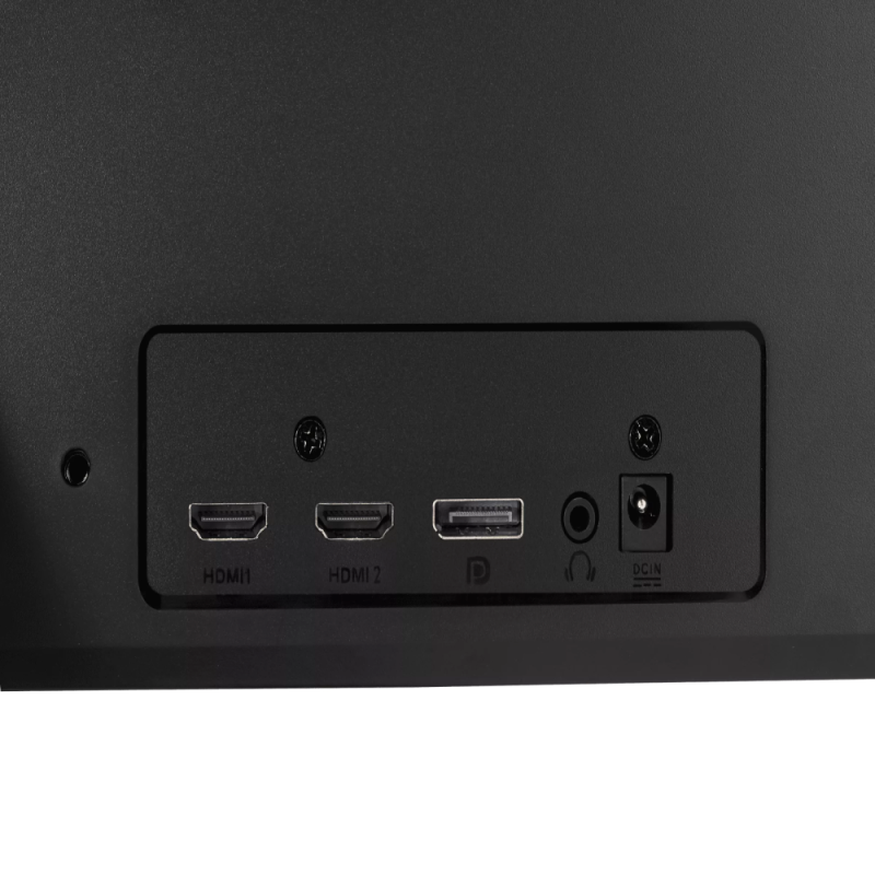 Egy monitor hátuljának közeli képe, HDMI portokkal, USB porttal, fejhallgató-csatlakozóval és tápbemenettel.
