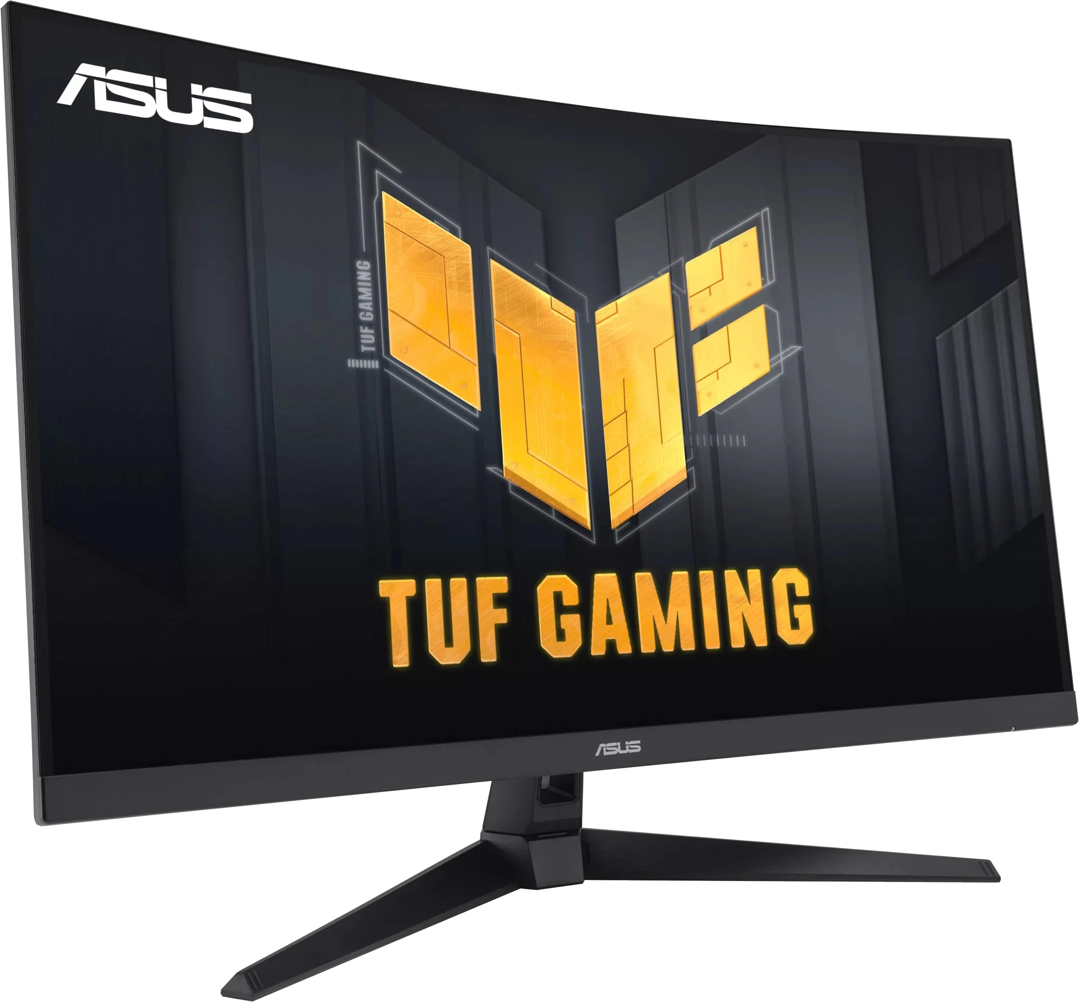 Ívelt monitor ASUS TUF GAMING logóval a képernyőn. Fekete keret és állvány.