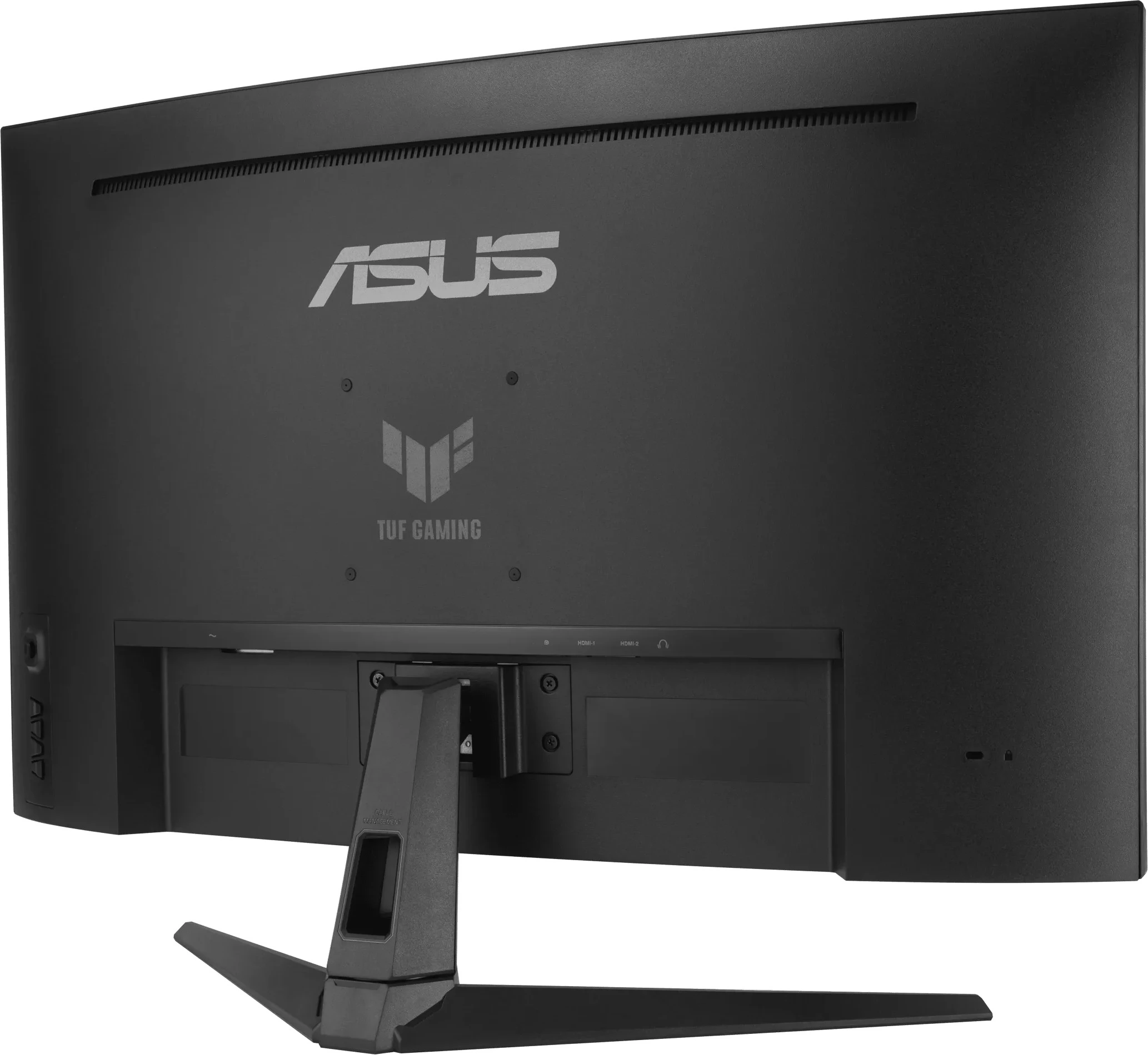Fekete ASUS monitor hátulja TUF Gaming logóval és állvánnyal.