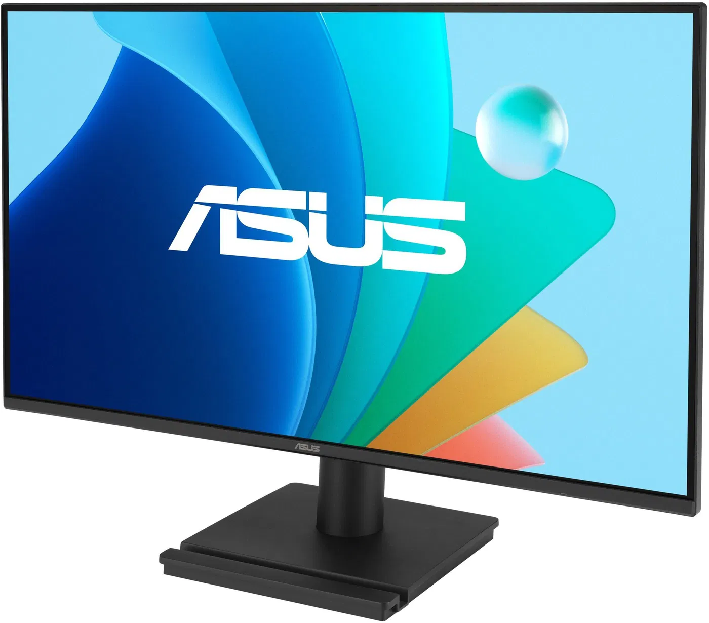 Egy ASUS monitor. A képernyő kék, zöld és sárga absztrakt dizájnt jelenít meg. Az ASUS logója látható.