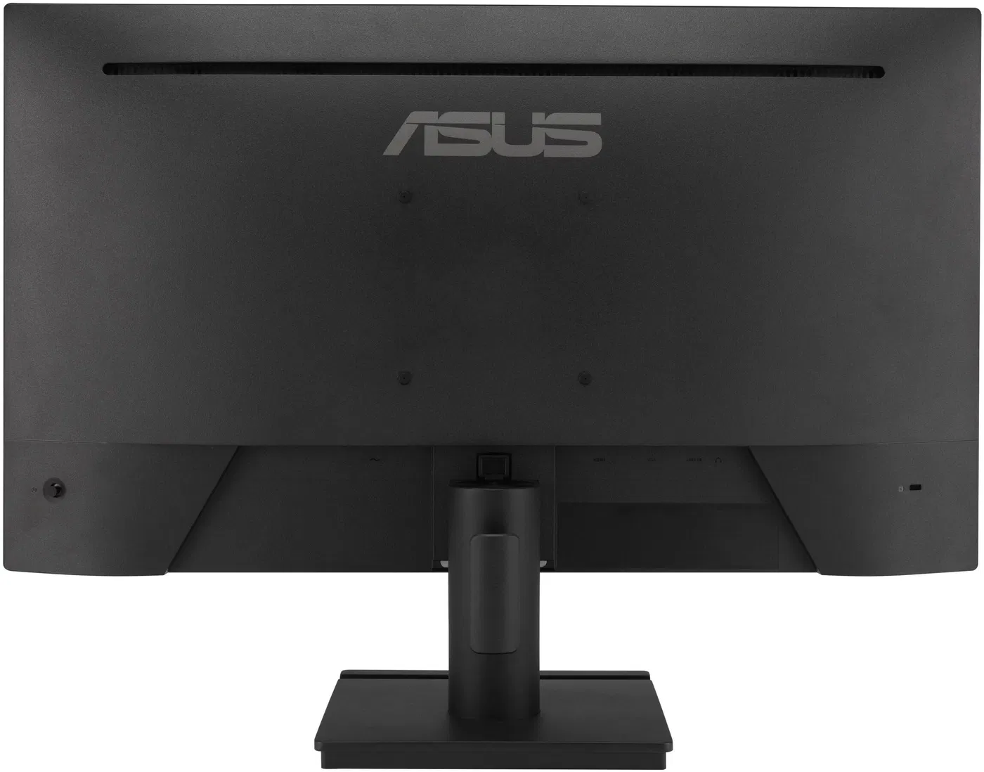 Egy fekete ASUS monitor hátulja, az ASUS logóval és a látható portokkal.