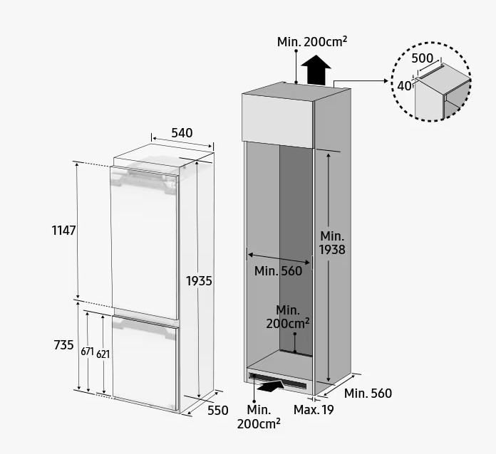 Schemat lodówki z wymiarami. Pokazuje wymiary i przestrzenie wewnętrzne.