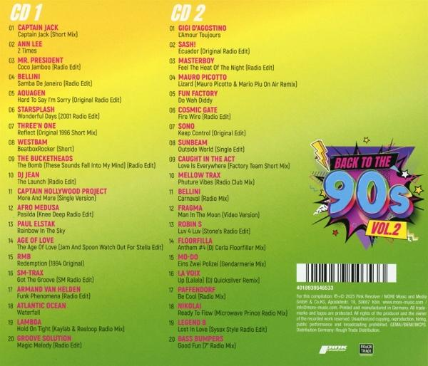 CD-Cover von 'Back to the 90s' Vol. 2, mit verschiedenen Songtiteln und Künstlern.