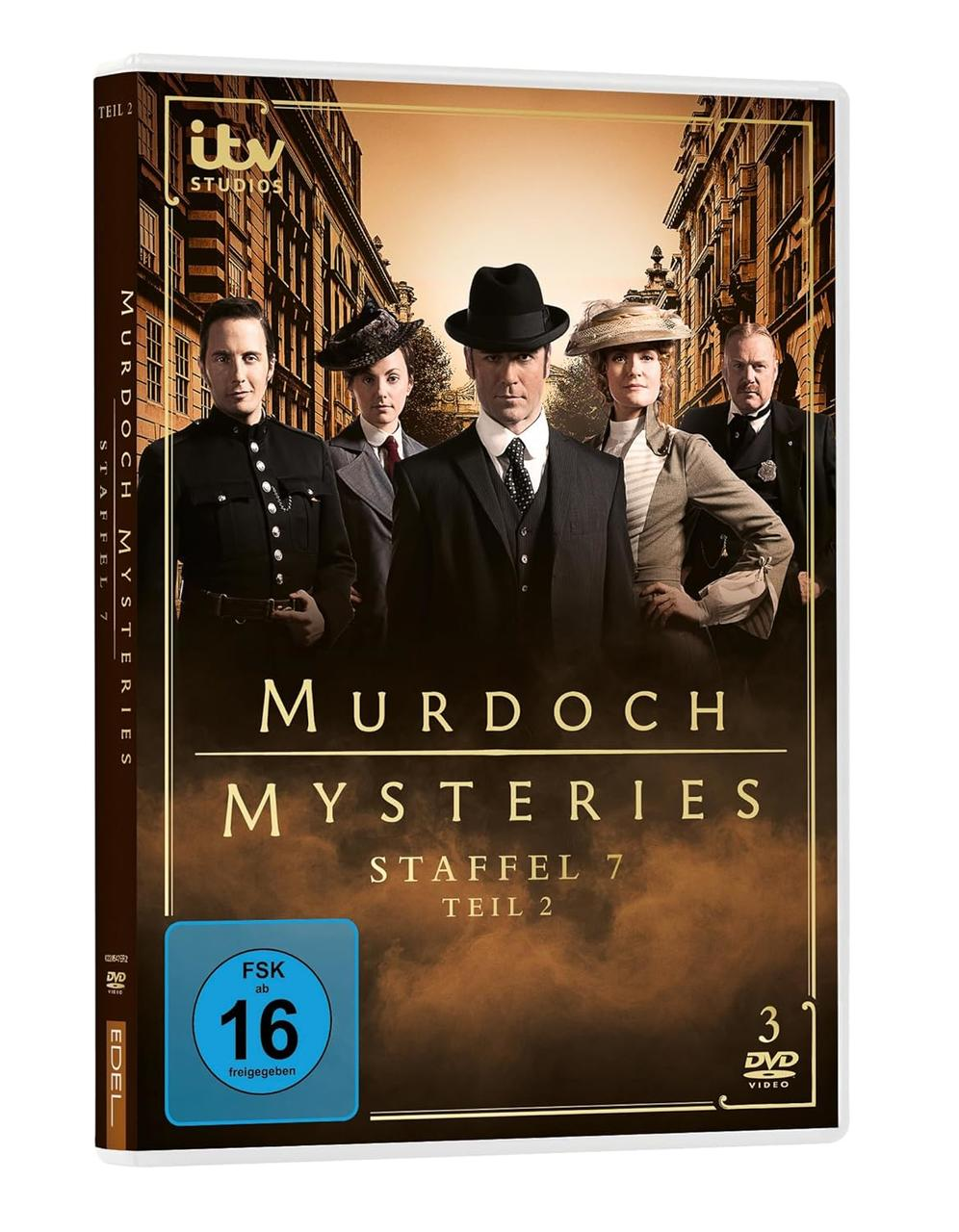 DVD-Cover mit Schauspielern in einer Straßenszene der Fernsehserie 'Murdoch Mysteries'.