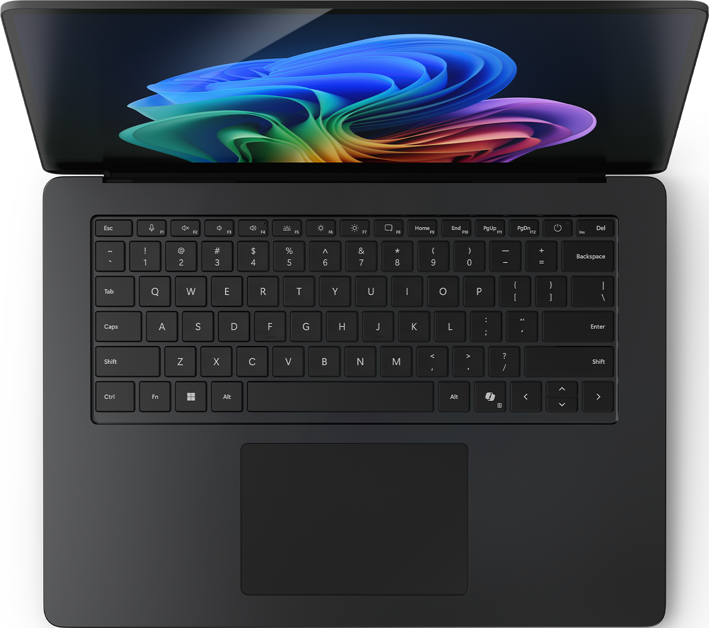 Draufsicht auf einen schwarzen Laptop mit geöffnetem Bildschirm. Die Tastatur ist mit farbigem Hintergrund sichtbar.
