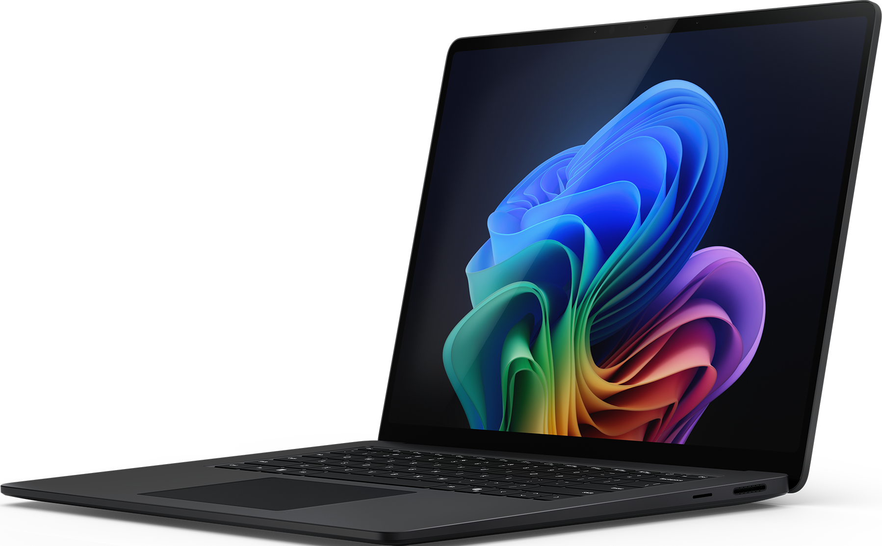 Schwarzer Laptop mit farbenfrohem Bildschirm, geöffnet auf dunkler Oberfläche.