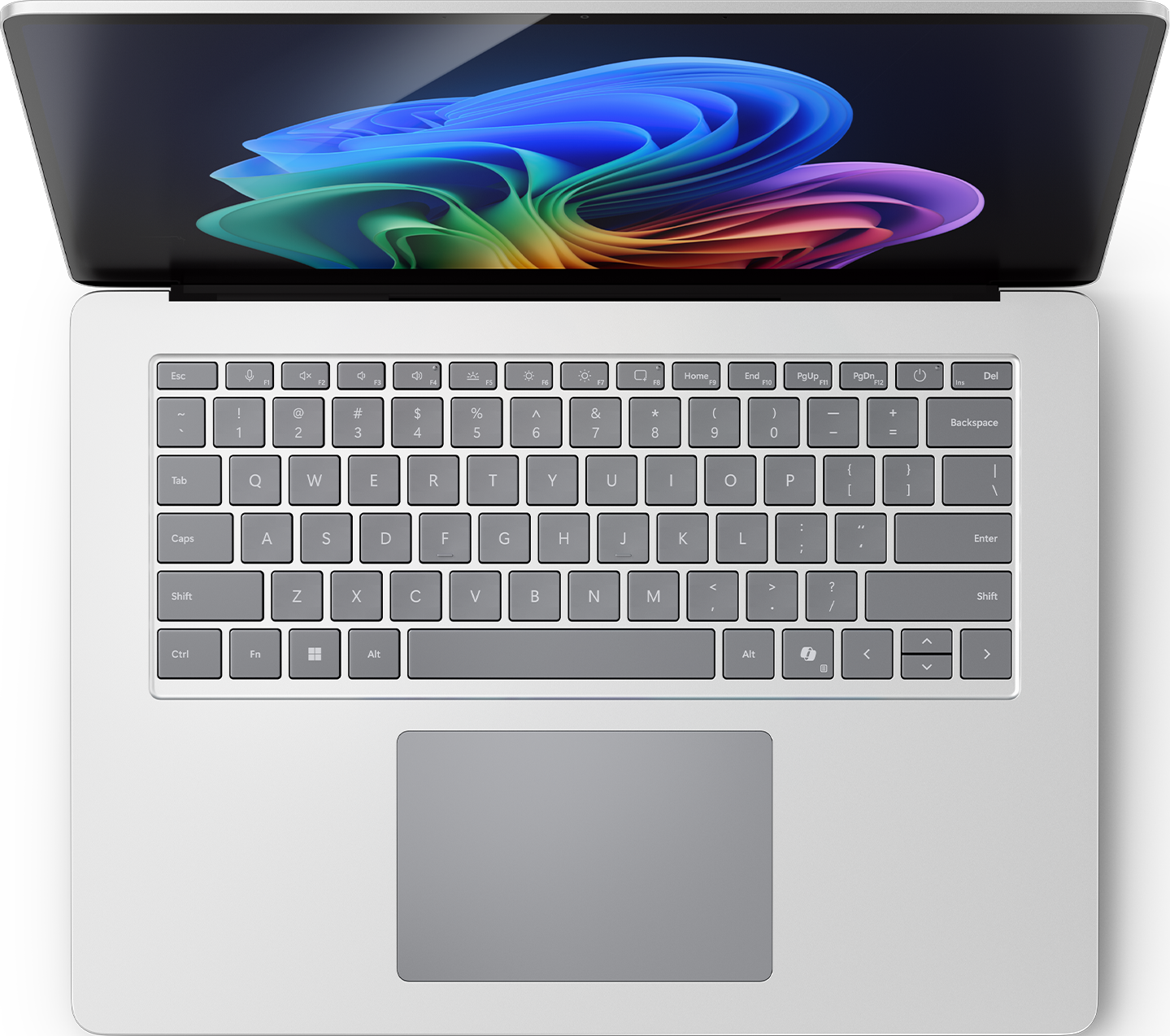 Laptop-Tastatur und Trackpad, geöffnet. Schwarzer Hintergrund.