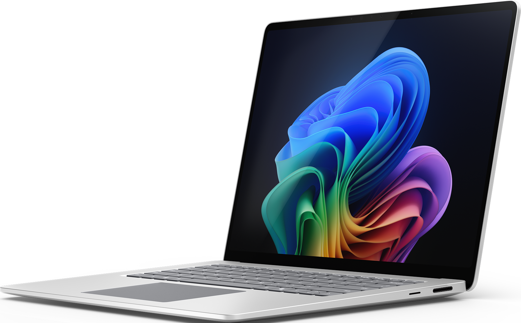 Ein silberner Laptop mit farbenfrohem Bildschirm auf schwarzem Hintergrund. Der Bildschirm hat ein lebendiges Design.