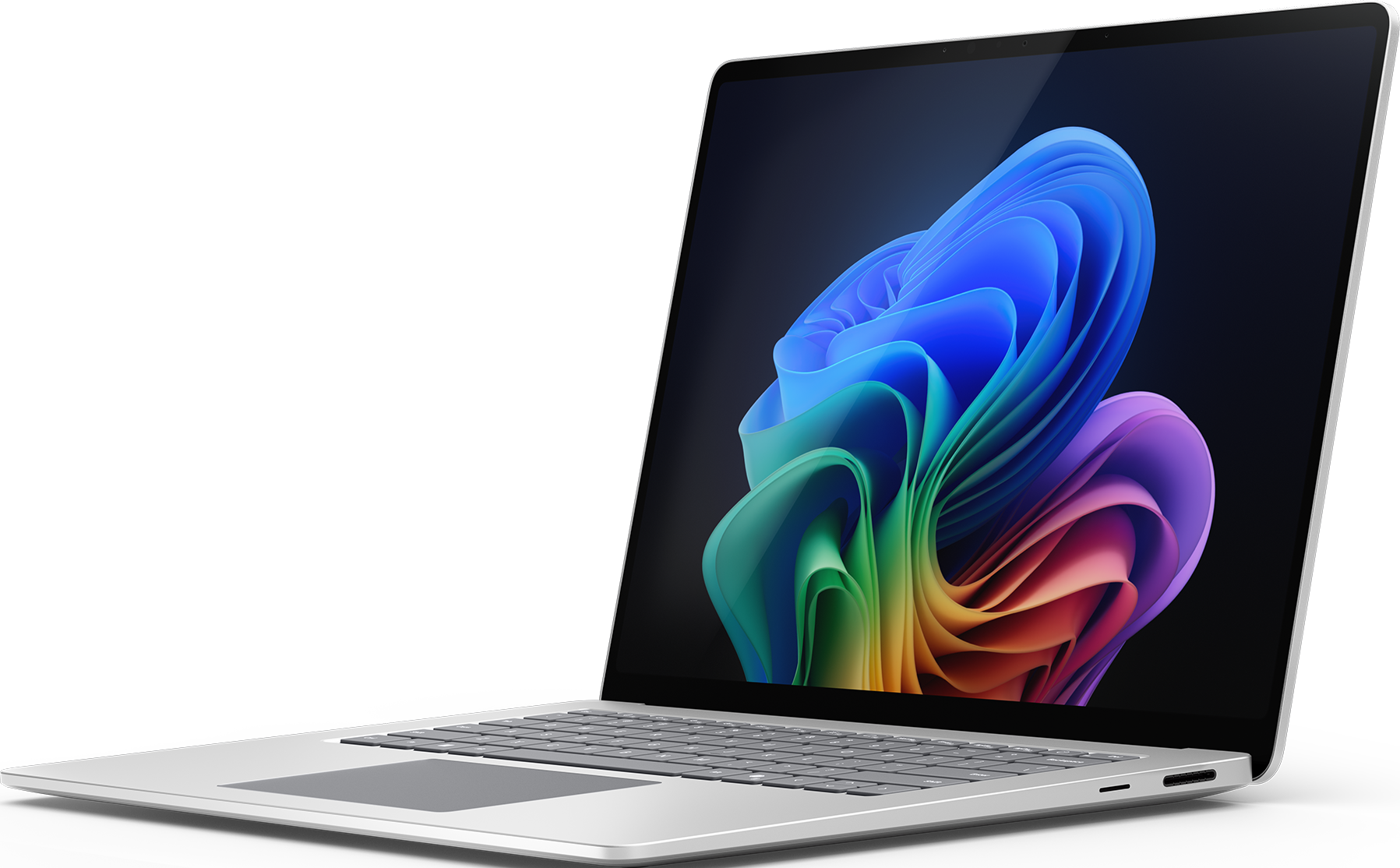 Silberner Laptop mit farbenfrohem, abstraktem Display, vor schwarzem Hintergrund.