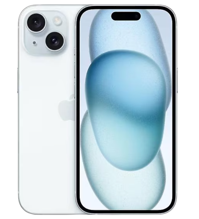 Beyaz iPhone, iki lens ve soyut mavi şekillerle bir ekran gösteriyor.