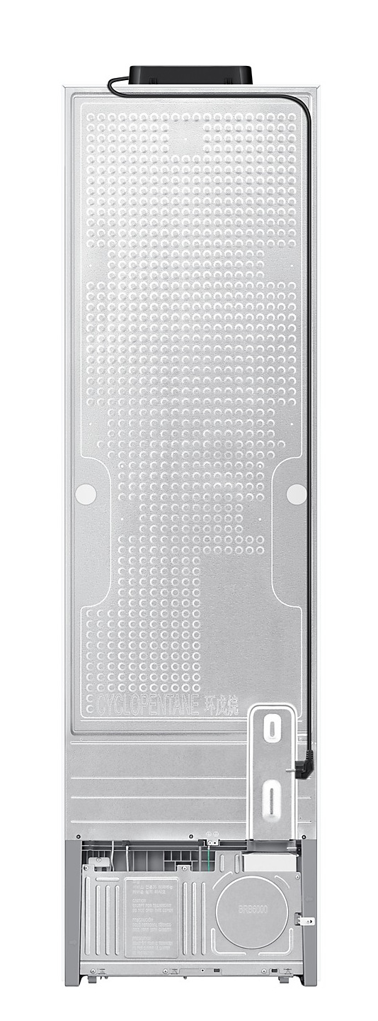 Tył lodówki. Srebrne wykończenie, z wentylacją i przewodem zasilającym.