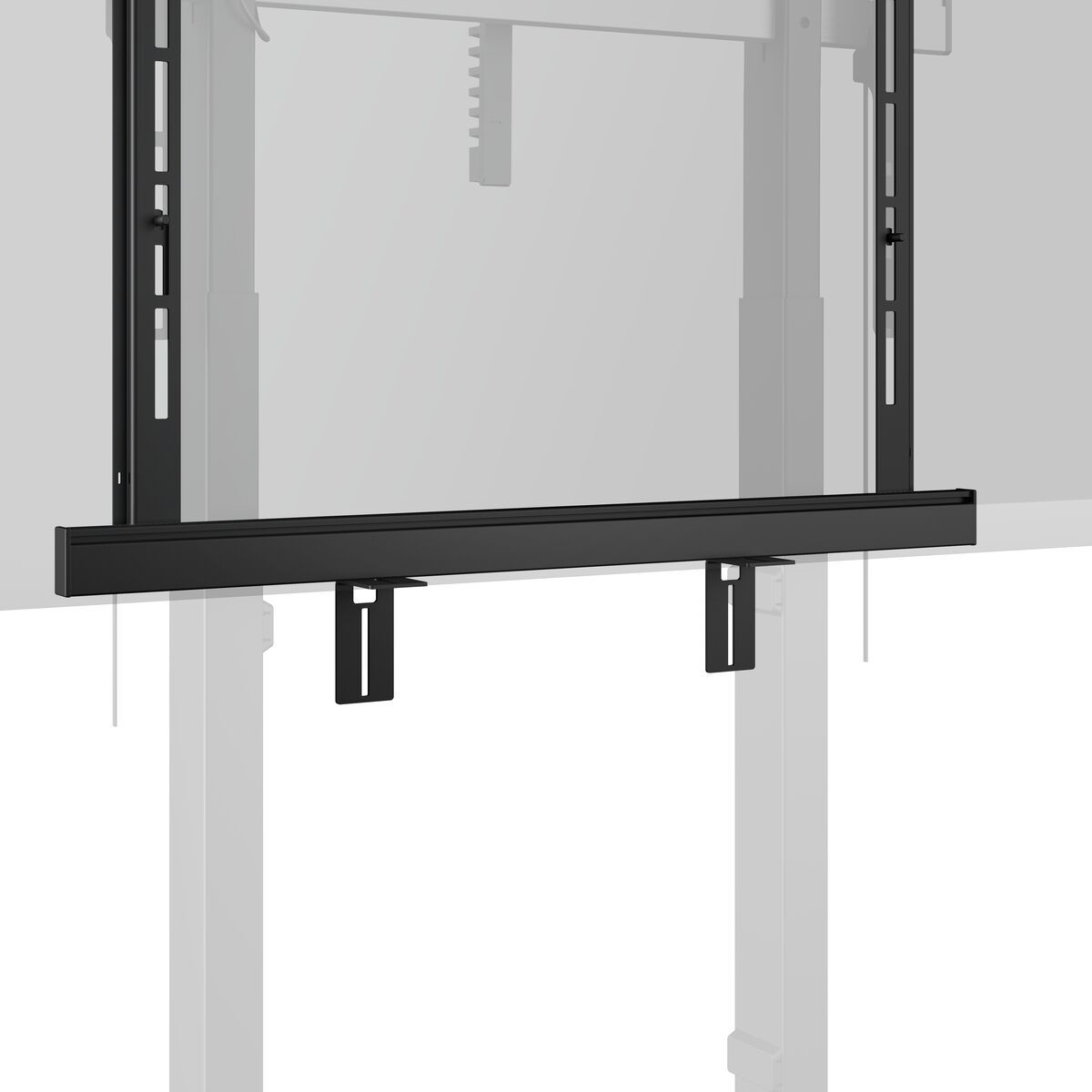 Eine schwarze Metallhalterung zur Befestigung eines Displays an einer Wand oder einem Ständer.