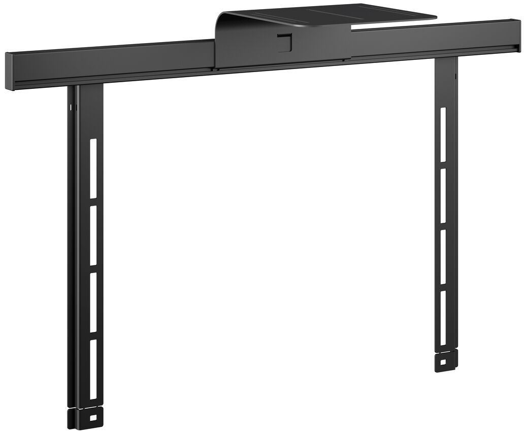 Schwarze TV-Wandhalterung mit zwei vertikalen Tragschienen und einem oberen Regal.
