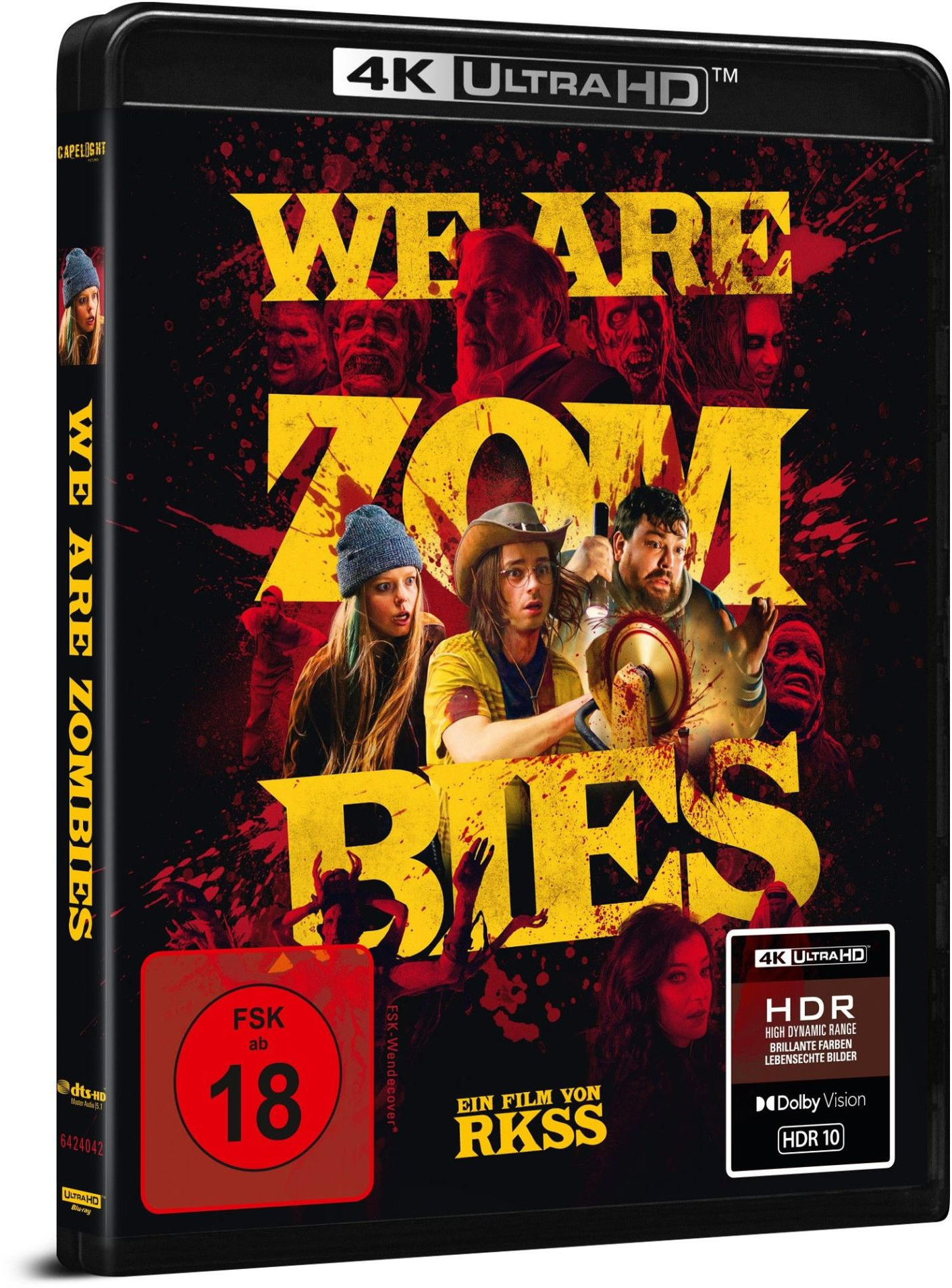 Filmcover für 'We Are Zombies'. Zeigt Menschen in einer dunklen, Horror-Themenumgebung mit Textüberlagerungen.