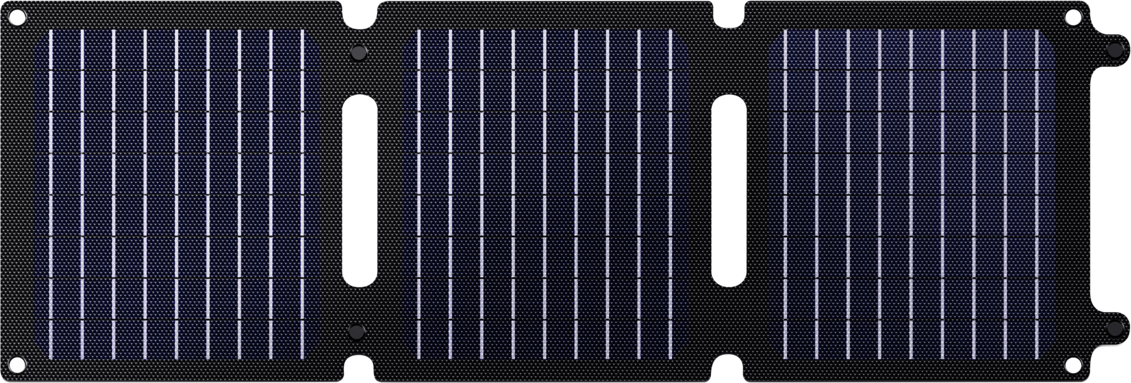 Egy fekete napelem sok kék négyzetrel. A panelen két kivágás és négy lyuk van.