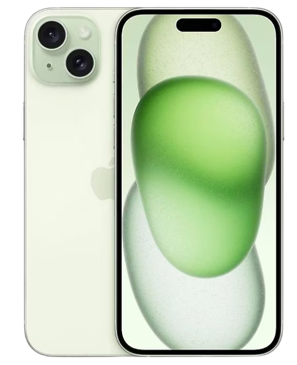 Çift arka kameralı iPhone, açık yeşil renk ve yeşil soyut bir arka plan.